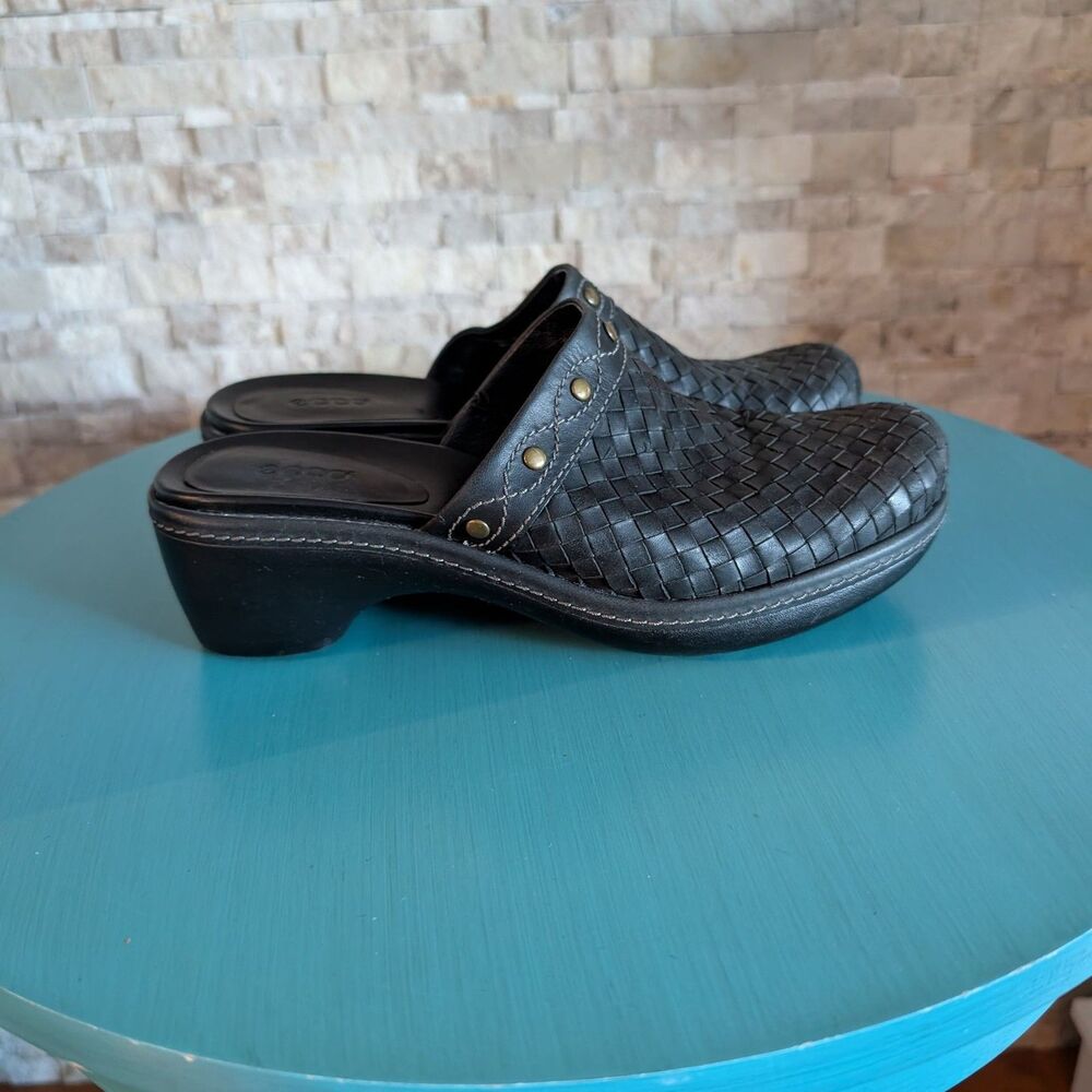 ECCO Women's Black Woven Leather Studded Clogs EU 38 US 7.5 Granola Comfort Boho